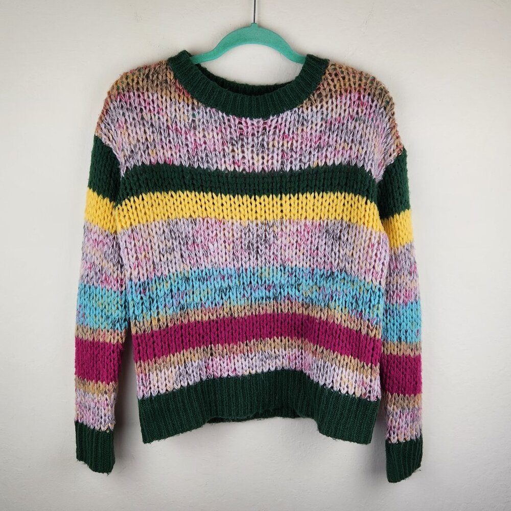 Heartloom Multicolored Rainbow Striped Fuzzy Knit Crewneck Sweater sz S